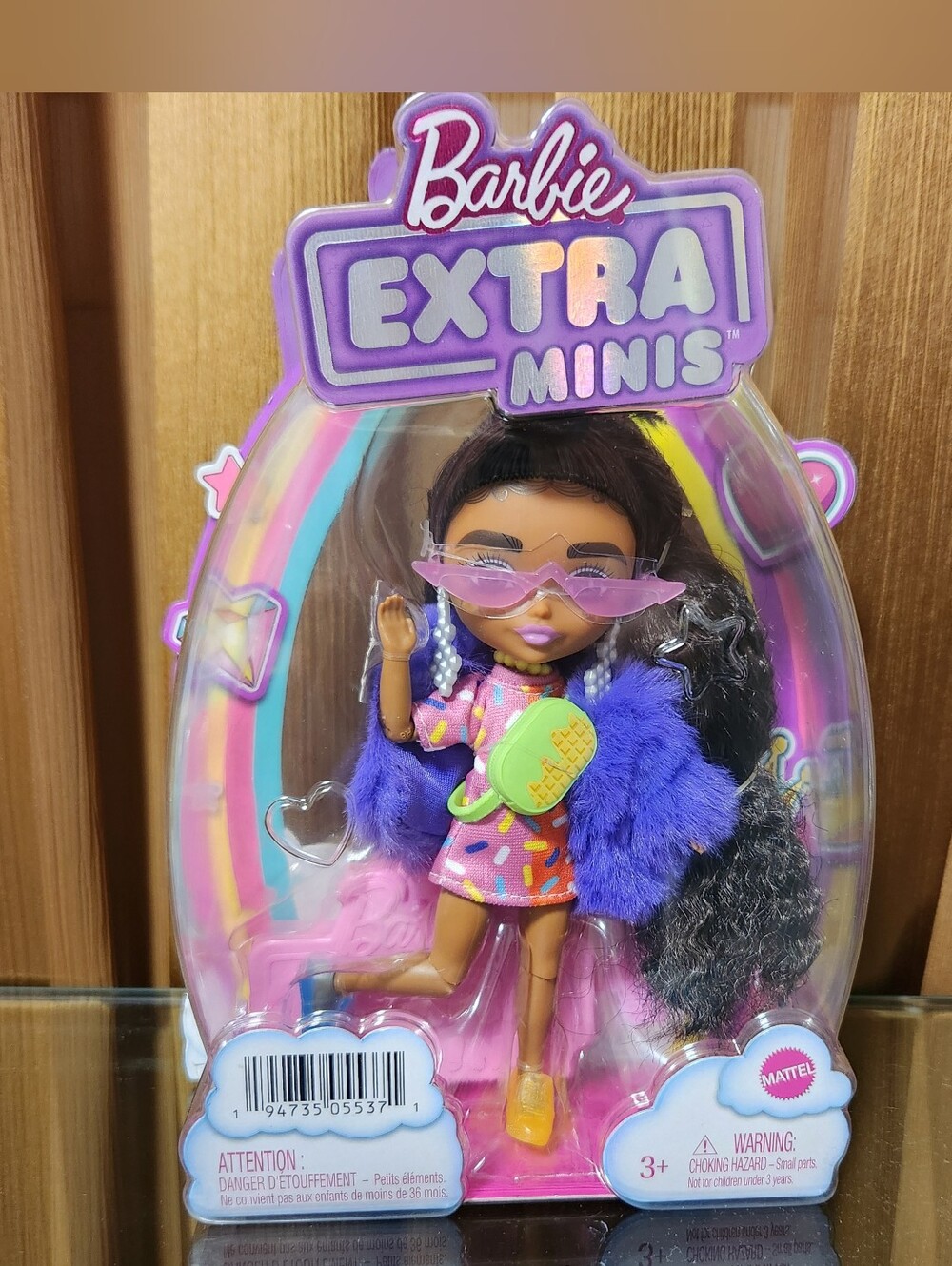 Barbie Extra Minis Doll with Brunette Hair in Top Bun in Furry Coat & Dress